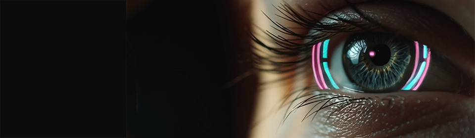 Macro photograph of a human eye with an overlaid ocular tracking signature